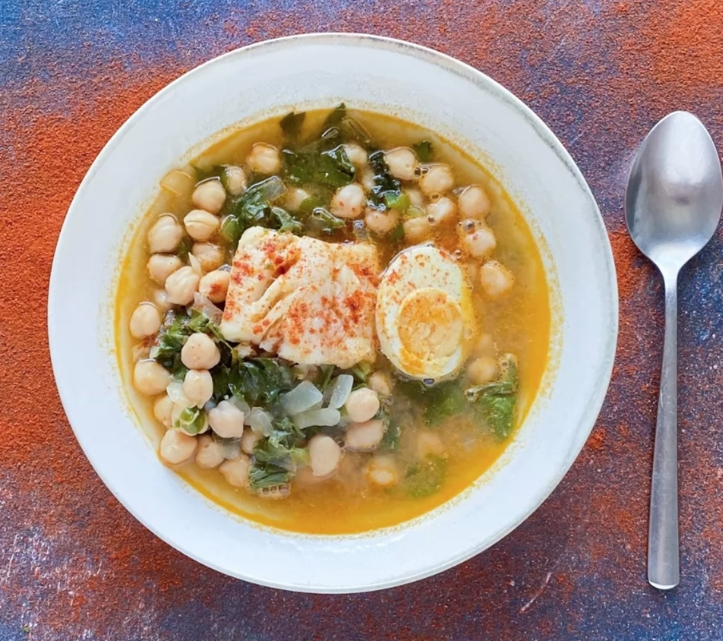 Parrillada de verduras con potage de bacalao